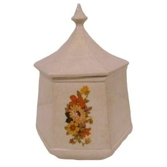 Vintage 1986 Hexagon Floral Transferware Cookie Jar With Lid 7" X 9" - Picture 1 of 4
